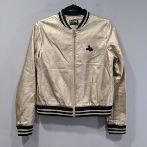 Disney Womens Mickey Gold Collection Bomber Jacket Size Medium Metallic 90th